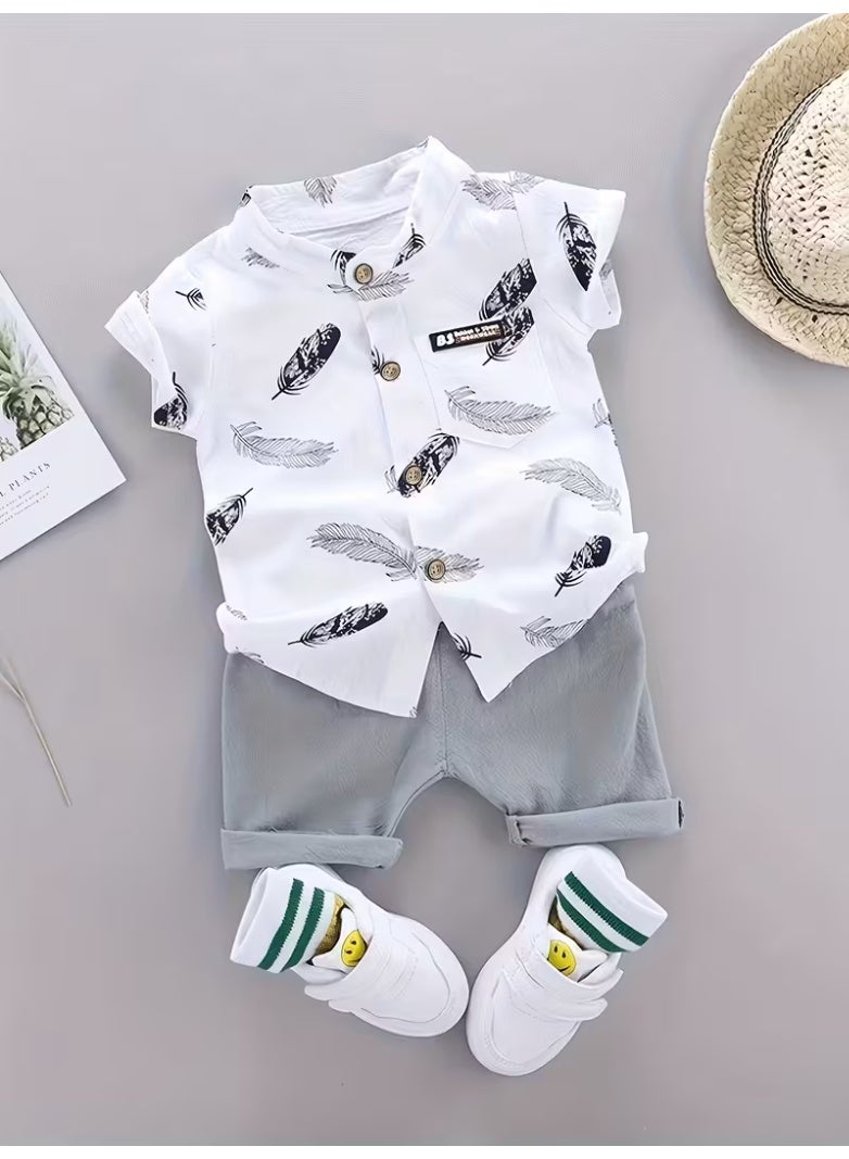 Youngsters' Summer Feather Print Set - White Short Sleeve Shirt with Black Feathers & Grey Shorts - Casual 2-Piece Outdoor Playwear - Image 1